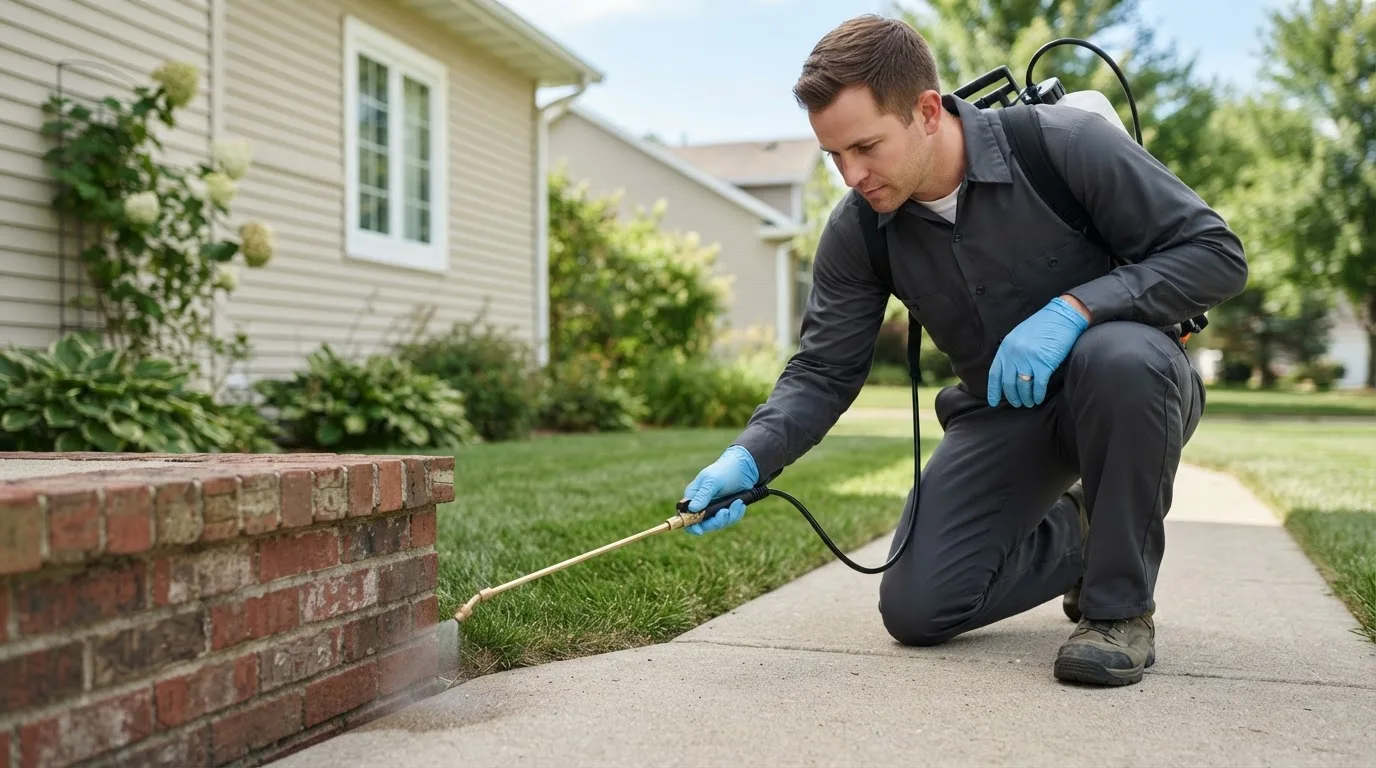 Pest control technician treating a home near Hampton, CT